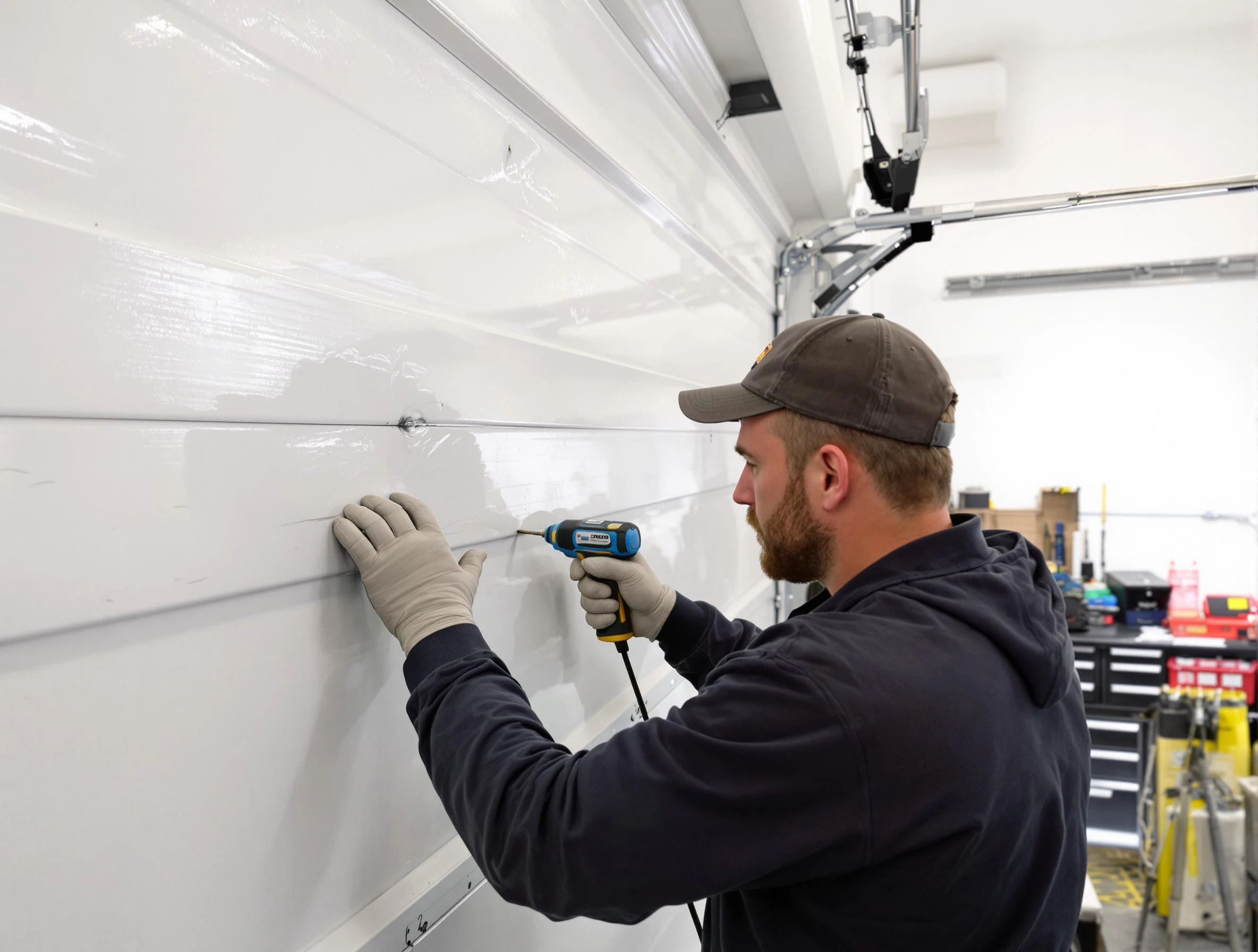 Monsey Garage Door Repair technician demonstrating precision dent removal techniques on a Monsey garage door